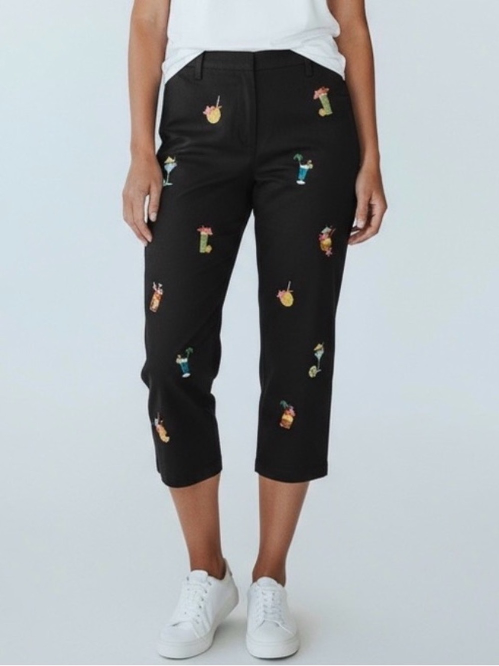 Saint Tropez West Black Linen Wide Leg Pants with Embroidered Cocktails size 16